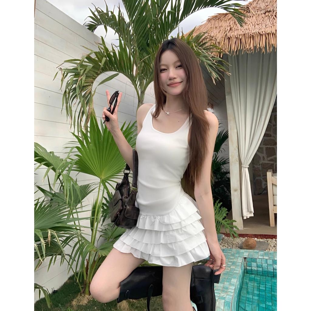 Sweet Square Neck Suspender Dress Slim Fit Summer Waist Splicing White Sleeveless Cake Ballet Short Skirt Ins