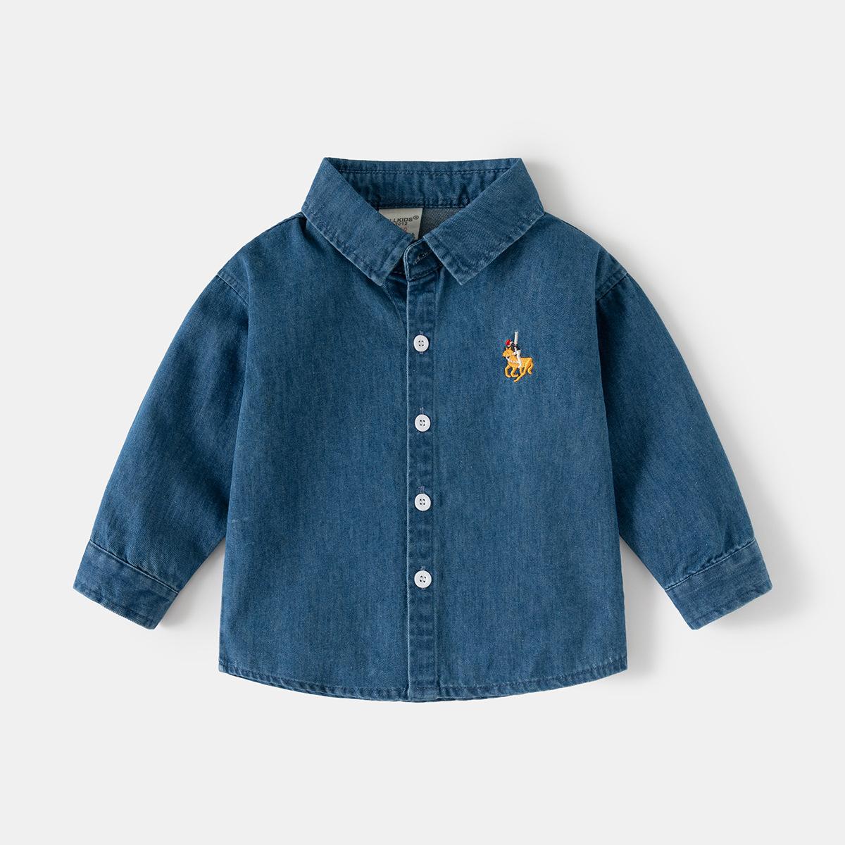 

Boys denim shirt 2025 autumn new spring and autumn baby long-sleeved shirt children s top 90cm джинсовый синий