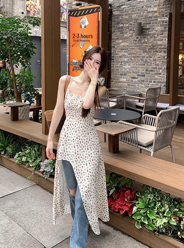 Plus Size Irregular Floral Sling Dress - Elegant Waist-Cinched Layered Long Summer Dress for Women