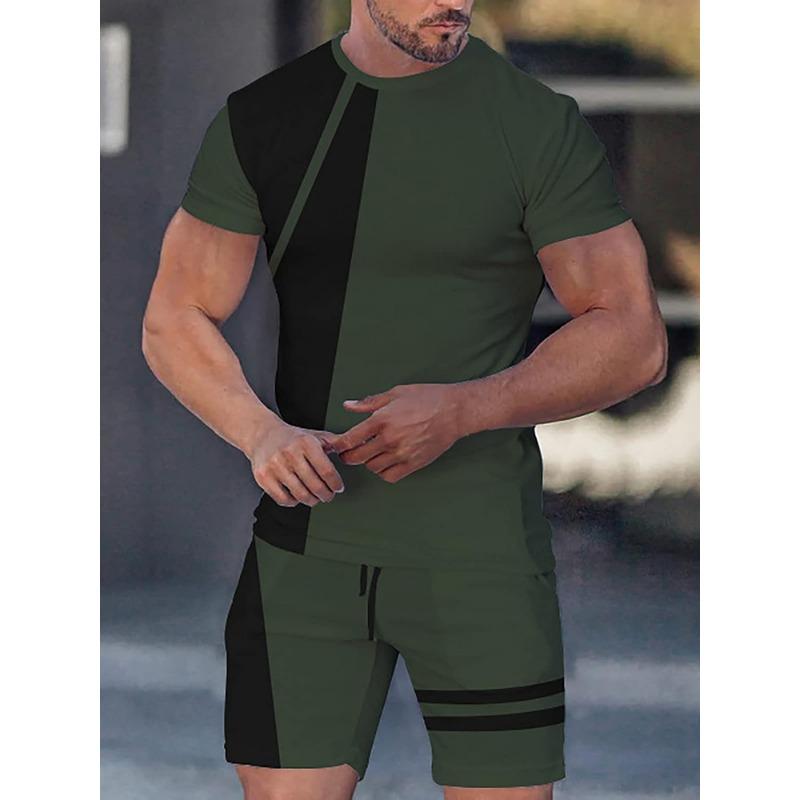 Patchwork Printing Mens 2 Pieces Casual Fashion T-shirt Set Workout Tracksuit Shirt And Shorts Set Sport Summer Outfit Sets