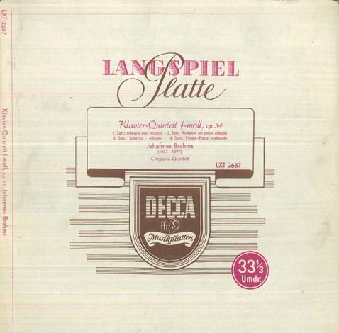 LP Record CHIGIANO QUINTETT - Brahms Klavier Quintett F-moll, Op3 LXT2687 DECCA 1956 Germany Classical Used