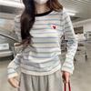 Design Sense Love Embroidery Contrast Color Crew Neck Long Sleeve Sweater Women's Spring, Autumn and Winter Interior Striped Knitted Bottom Shirt