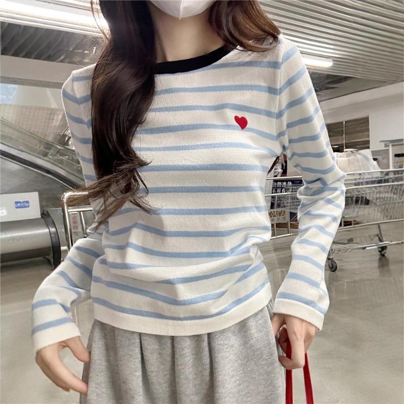 Design Sense Love Embroidery Contrast Color Crew Neck Long Sleeve Sweater Women's Spring, Autumn and Winter Interior Striped Knitted Bottom Shirt