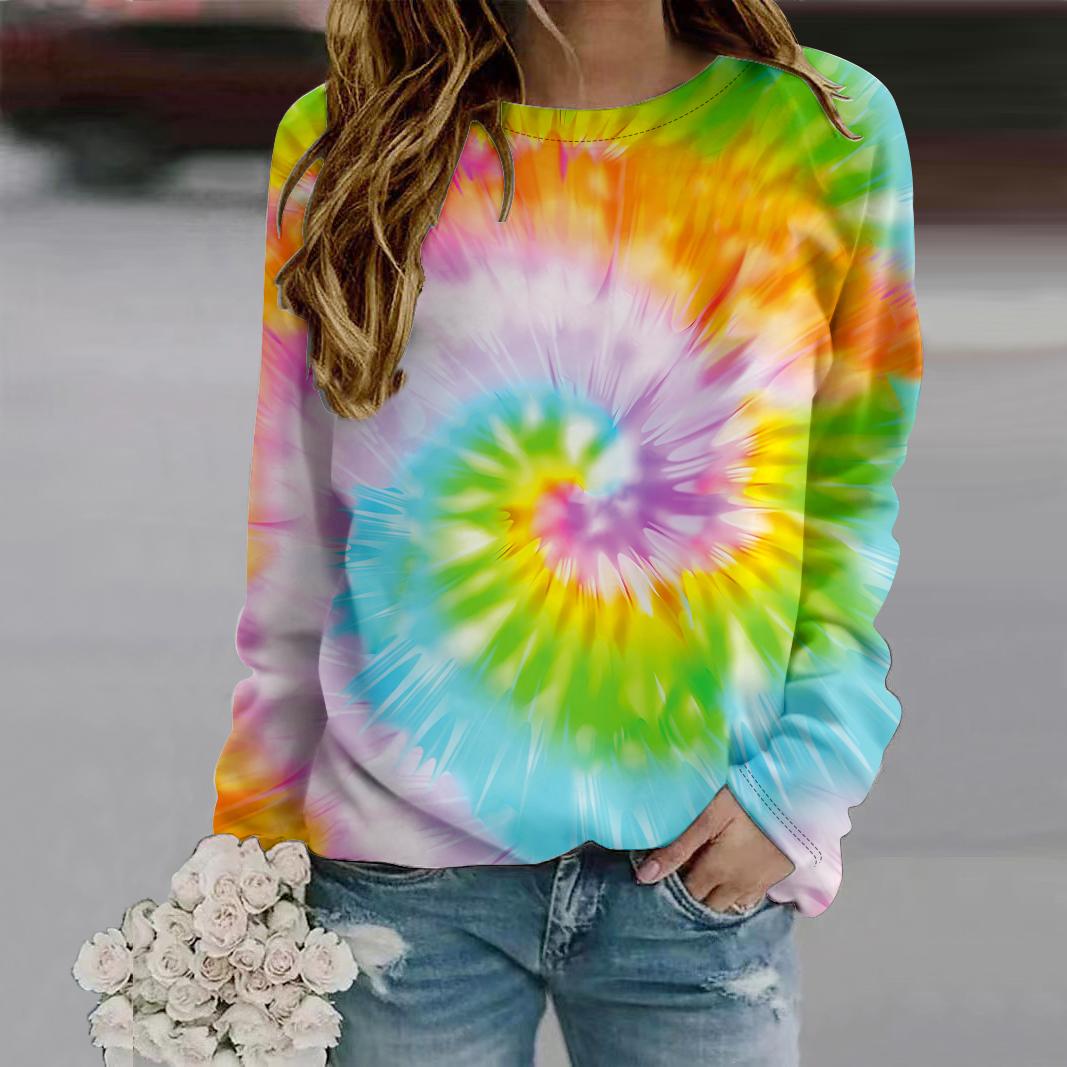 

Осенняя женская мода с круглым вырезом и длинным рукавом, свободная одежда, футболка с принтом в стиле тай-дай 8XL жёлтый