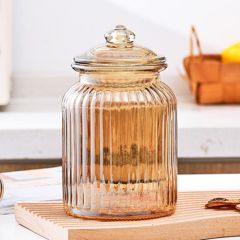 Creative Amber Plaid Striped Glass Jar Sealed Tea Candy Jar Kitchen Food Storage Container Clear Glass Bottle Box Home Decor