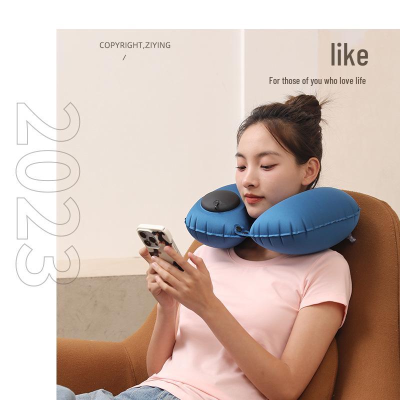 Pressing Inflatable U-Shaped Travel Pillow: Portable Airplane Headrest & Nap Neck Support