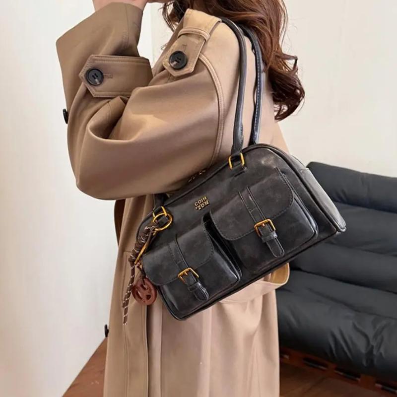 Women Multi-Pocket Tote Shoulder Bag with Golden-Tone Hardware & Letter, Stylish Handbag Purse for Travel, Work, Shopping, Dates