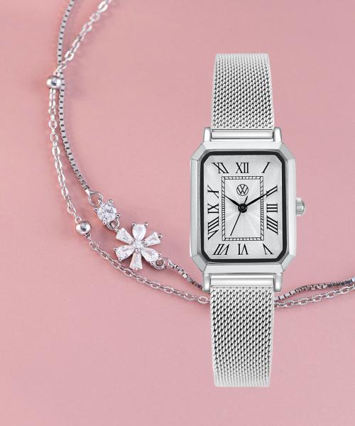 

[Volkswagen Watch] Volkswagen Watch Square Whitestone Wristwatch with Cherry Blossom Double Bracelet (Engravable) One Size