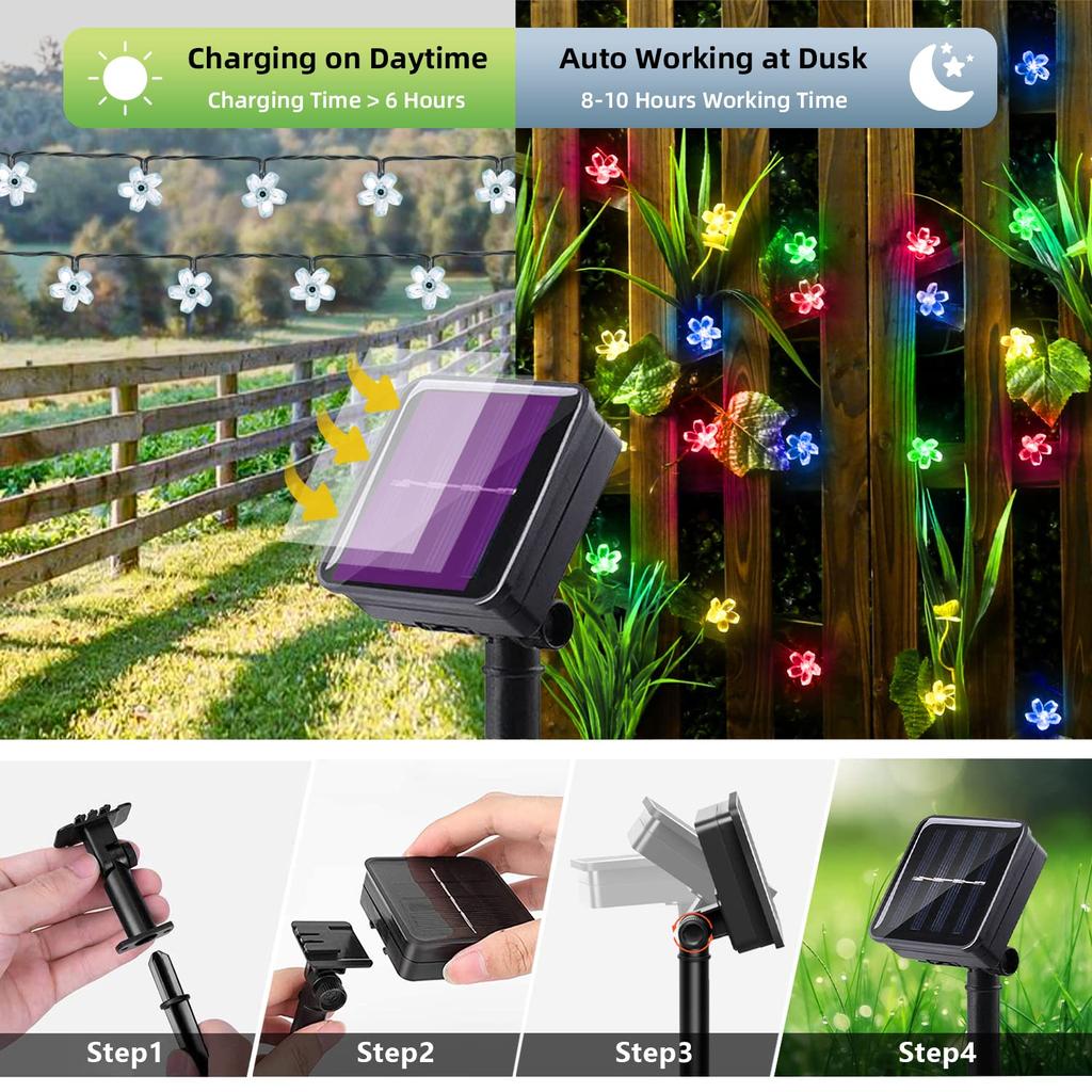 Solar String Flower Lights Outdoor Waterproof 50 LED Fairy Light Decorations for Garden Fence Patio Yard Christmas Tree, Lawn, Party