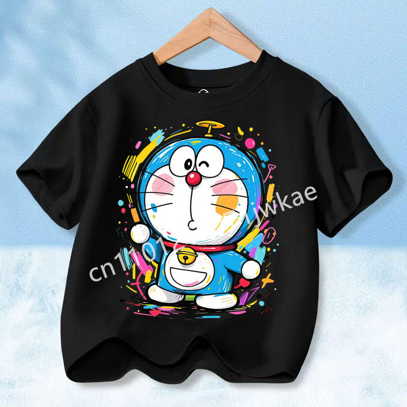 Doraemon Colorful T-shirt Printed Short-sleeved Outdoor Simple Comfortable Pullover Tops Summer Clothes Casuals Round Neck Shirt