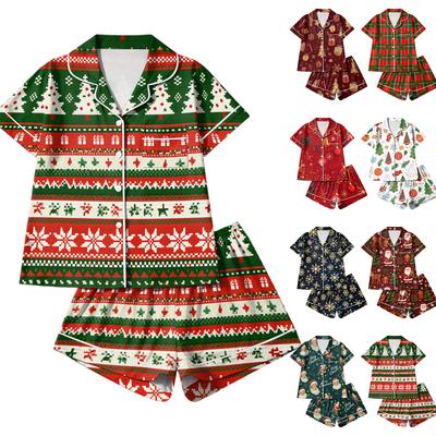 Women's 2 Piece Casual Set, Christmas Print Short Sleeve Top and Shorts, Holiday Outfit