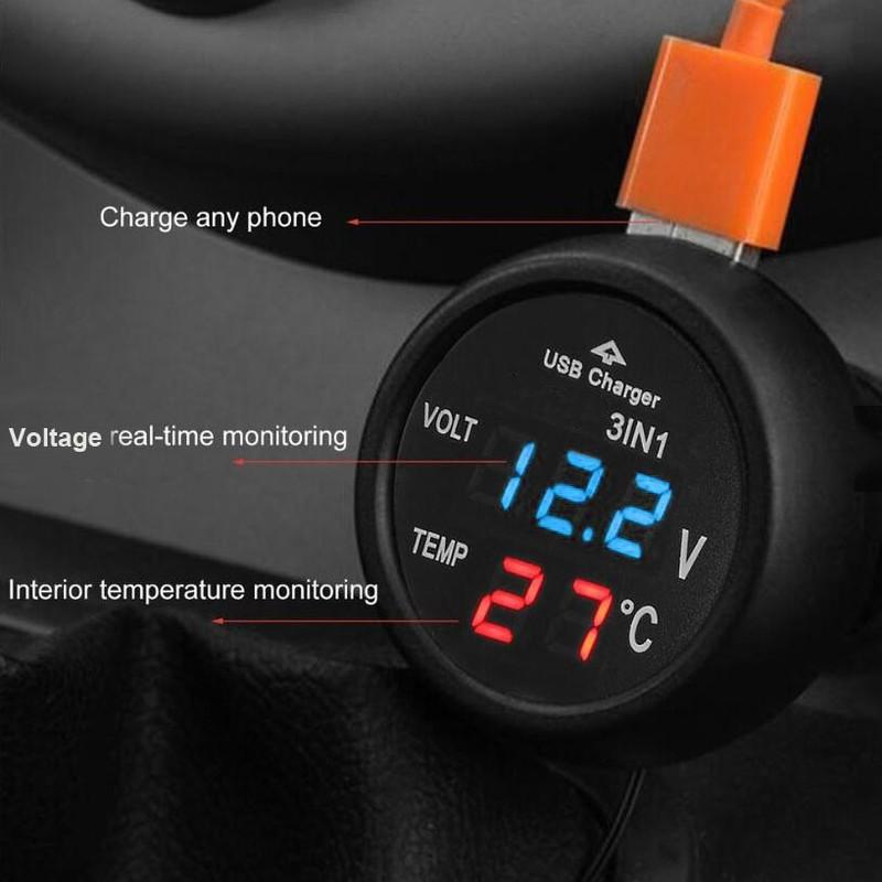 12V 24V LED 3 in 1 Car Volt Meter Car Cigarette Ligter Digital Voltmeter Gauge Thermometer USB Charger Voltage Meter Universal