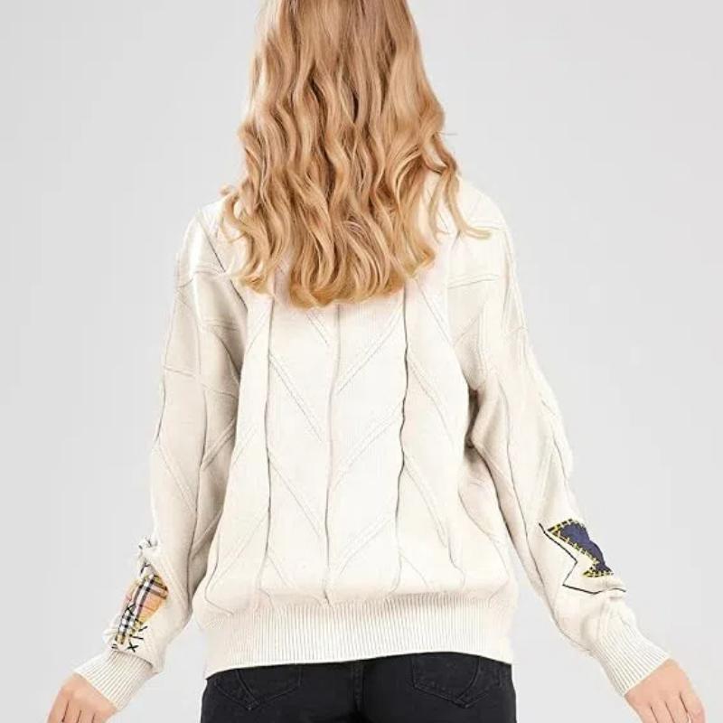 Women's Deep V-Neck Button Down Embroidery Wool Blend Sweater Coat Outwear Embroidered Lazy Style Loose Fit Knitwear with Letter Design
