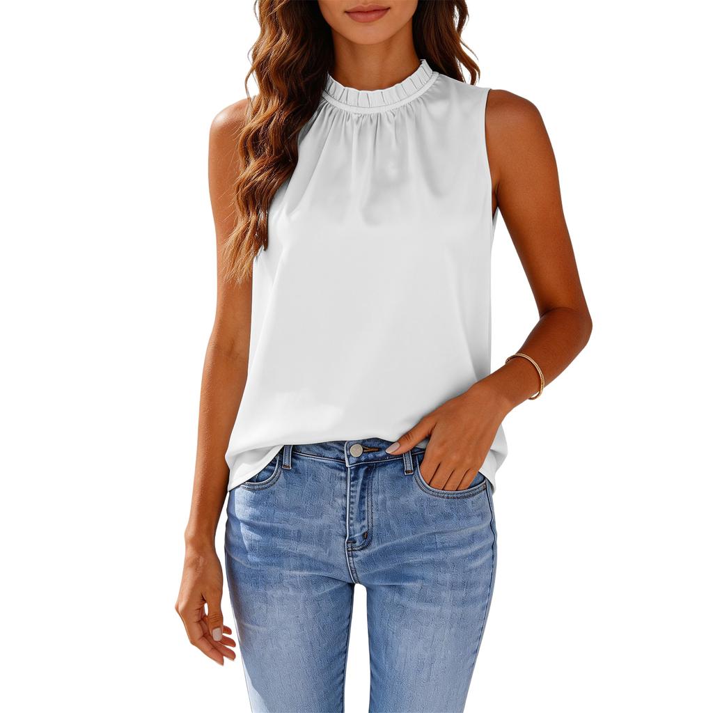 Women's Satin Fashion Casual Ruffled Neck Sleeveless Vest Top