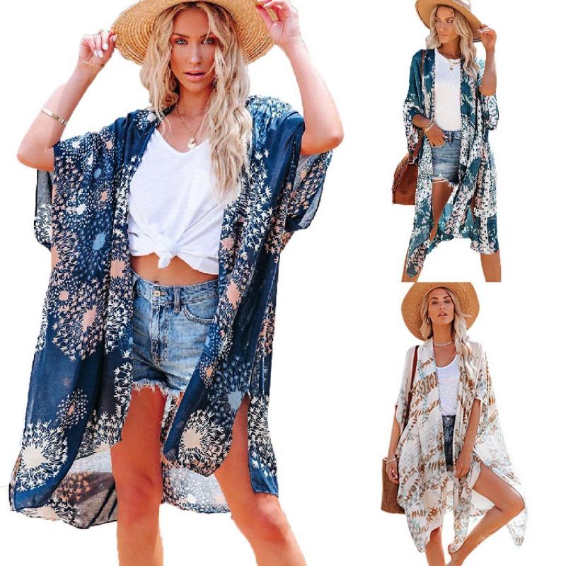 

Women Navy Blue Dandelion Starburst Print Kimono Cover Up OneSize синій