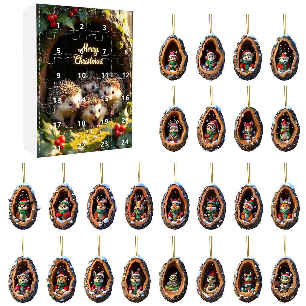 Weihnachts-Countdown-Kalender Verschleißfest Liebenswertes Tier Adventskalender Mini-Baumloch Acryl-Anhänger für Zuhause Party Auto Dekoration