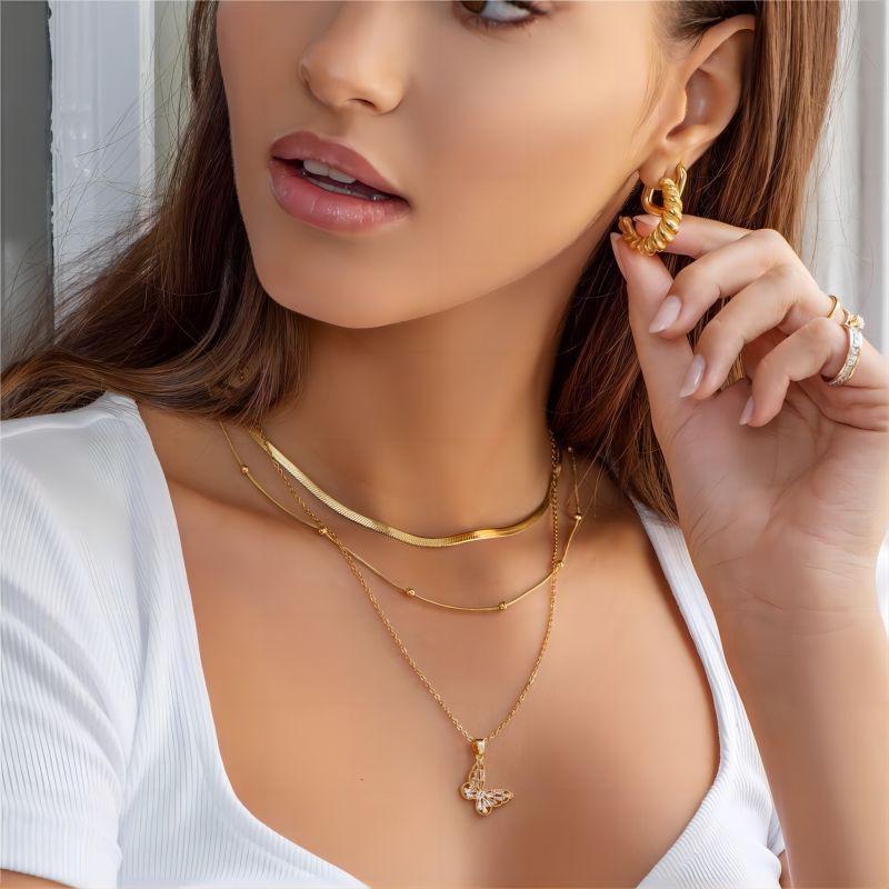 Minimalist 18K Gold Plated Titanium Steel Necklace Women Double Layer Style Snake Chain Choker Hypoallergenic Geometric