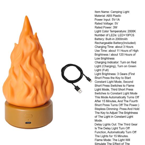 3D Fake Flame Lamp 3 Modes Adjustable USB Rechargeable Simulated Campfire Light Home Indoor Outdoor Tent Decorative LED Night Light