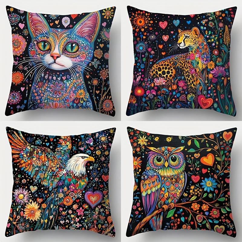 4Pcs Double-Sided Printed Throw Pillow Covers, Cat Leopard Owl Eagle Print Cushion Cases, Boho Decor For Bedroom Living Room