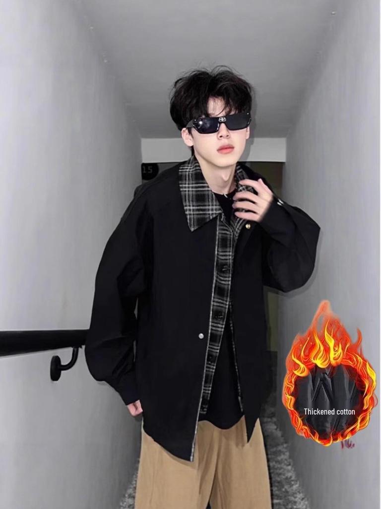 Men's Retro Fake Two-Piece Flight Jacket with Plaid Patchwork - Brown Casual Baseball Style by Meilade