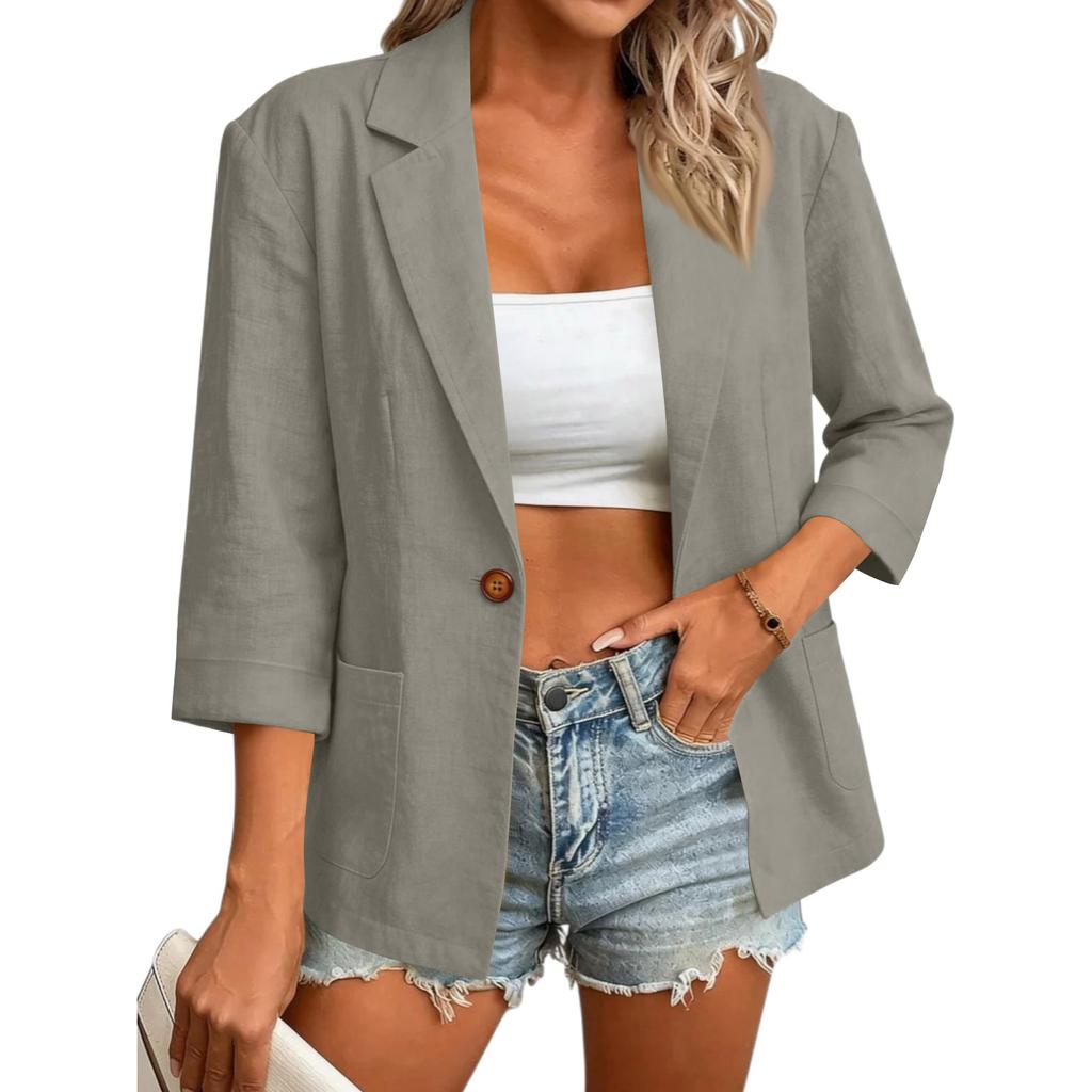 Women's Three Quarter Sleeve Blazer Lightweight Fully Lined Notched Collar Button Closure Casual Work Jacket with Pockets