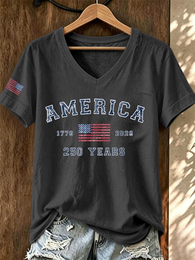 ilstile Women's America 250 Years Print T-Shirts Summer Short Sleeve Casual Loose T Shirt V Neck Tops White Tees Hot Sale
