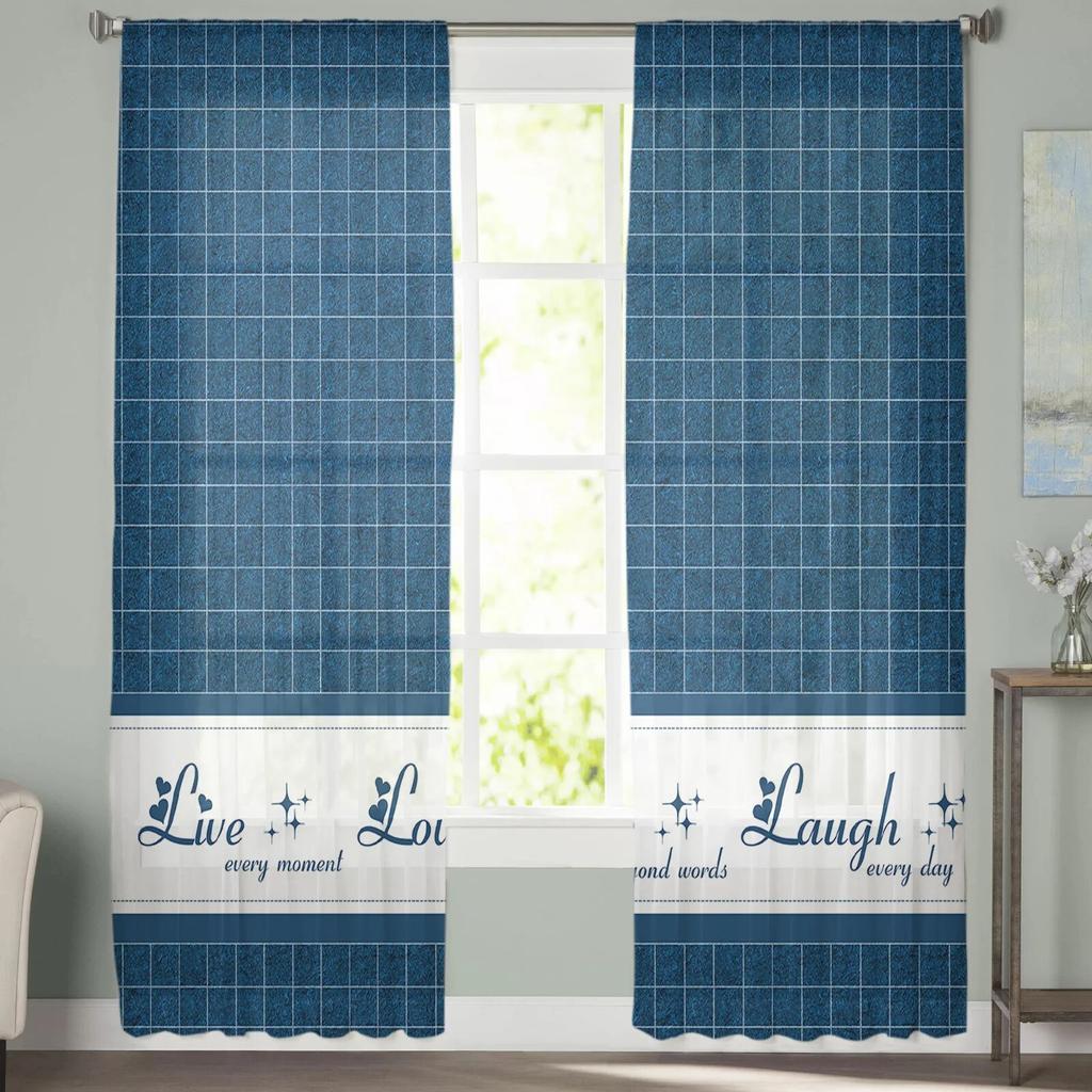 Plaid Blue Text Sheer Curtains for Living Room Bedroom Decoration Chiffon Tulle Voile Kitchen Window Curtain