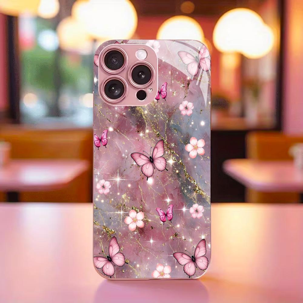 Pink Butterfly High-end Phone Case Electroplated Glass TPU PhoneCase for iPhone 17 16 15 14 13 12 11pm Pro Plus 10