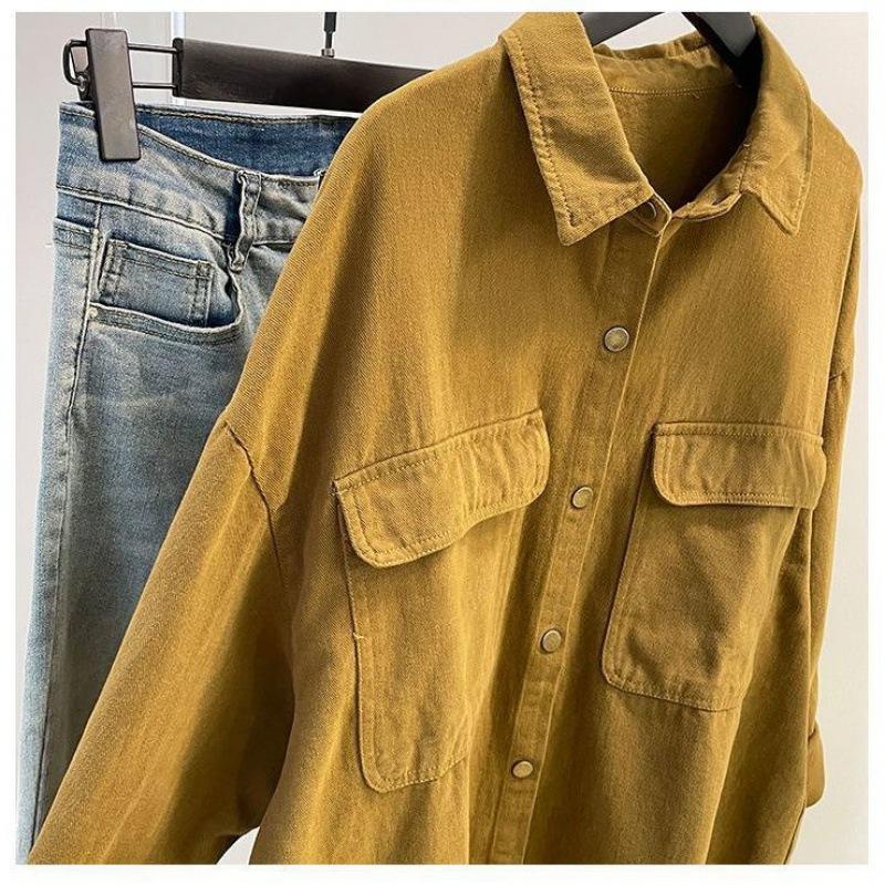 Koszula Damska Wiosna i Jesień Nowa Casualowa Gruba Warstwowa Luźny Styl Kolegialny Średniej Długości Płaszcz Zewnętrzny z Długim Rękawem