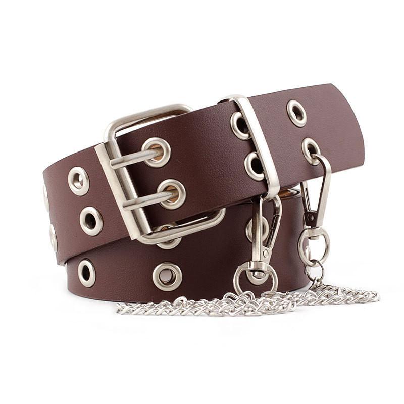 Fashionable Womens Faux Leather Belt With Chic Double Row Eyelets And Chain