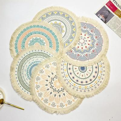 Boho Okrągła Mata na Stół Ręcznie Tkana Len Frędzle Podkładki pod Talerze Antypoślizgowe Haftowane Izolacja Stołu Jadalnianego Podkładki pod Miski Dekoracja Kuchenna