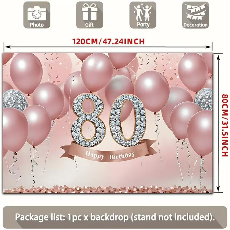 2D Rose Gold 80th Birthday Backdrop with Pink Balloons Photography Background