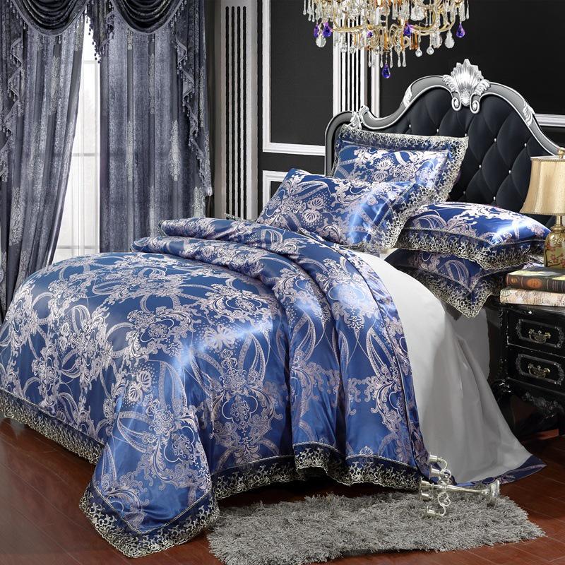 European Satin Jacquard Bedding Set - Lace-Trimmed, 4-Piece Set