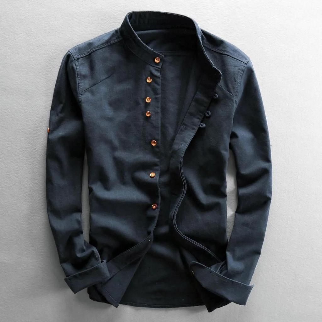 M-7XL Spring Autumn Men's Casual Shirts Retro Chinese Style Stand Collar Slim Long Sleeve Shirt