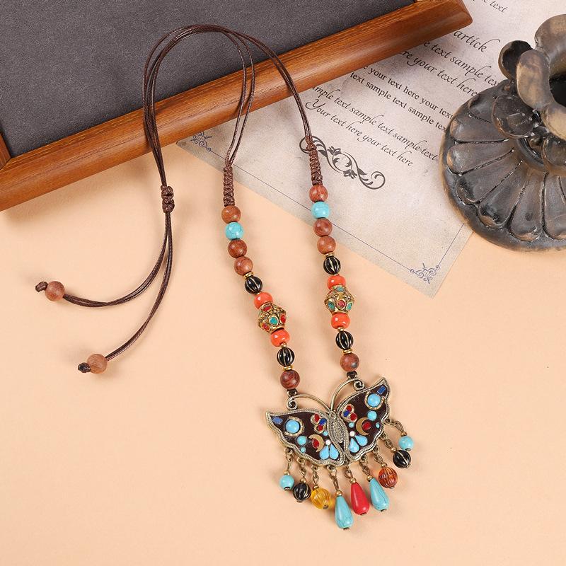 Original Design Nepalese Butterfly Necklace Vintage Clavicle Chain Exotic Style Tassel Frontier Tibetan Headdress
