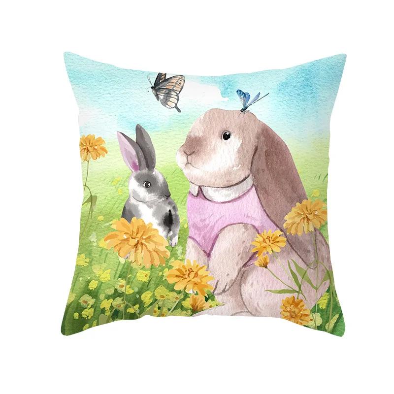 Home Decor Easter Pillowcase Flowers Rabbit Egg Print Pillowcase Sofa Cushion Cover Bedroom Room Decor 45x45 Cm