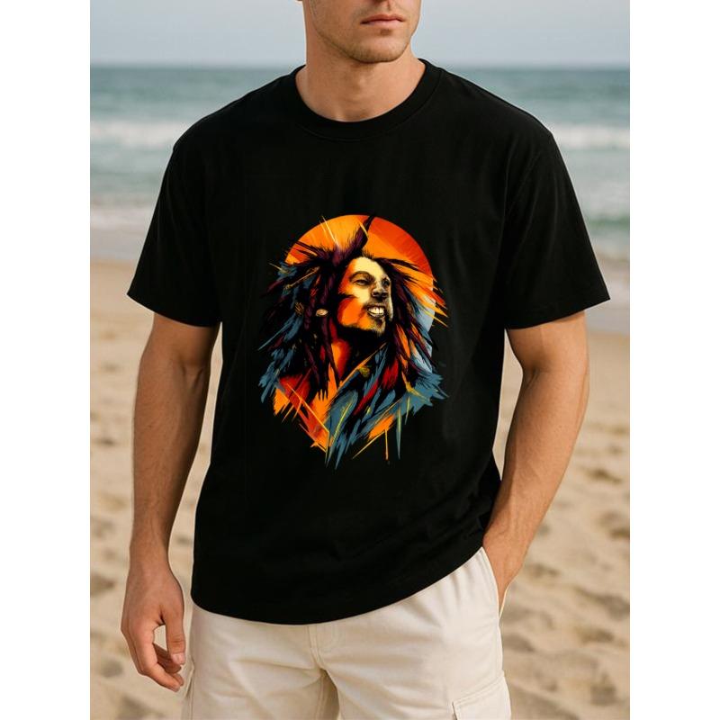 Evropská velikost Reggae zpěvák Barevný avatar Hudba Retro styl Jednobarevný potisk Tričko | Celoroční Ležérní styl, Univerzální denní top, Top s kulatým výstřihem