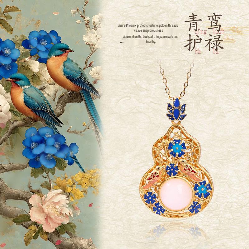 Collana a forma di zucca in smalto blu cinese per donna - Placcata oro con intarsio in giada, stile Hanfu Qipao