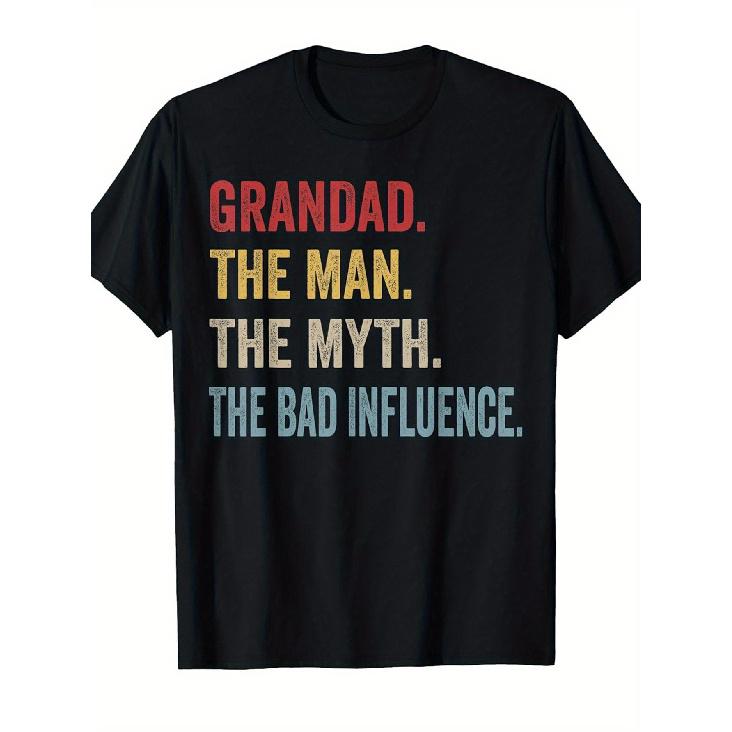 s Funny Grandad The for Man The Myth The Bad Influence T-Shirt - 100% Retro Loose Fit Short Sleeve Crew Neck Tee with Vertical Multicolor Slogan 6XL чёрный