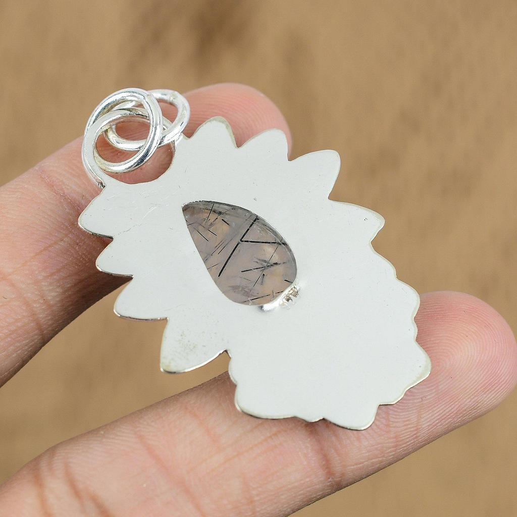 Natural Black Rutile Gemstone Pendant 925 Sterling Silver Jewelry For Women