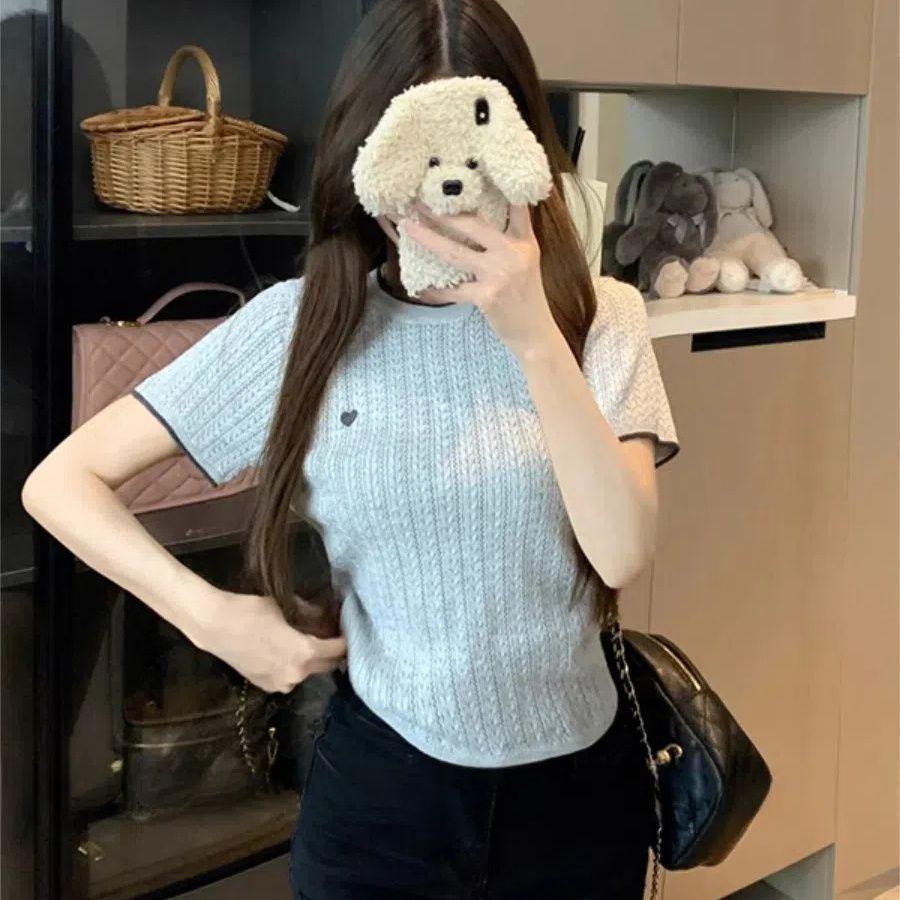 Chic Color Block Crew Neck Short Sleeve Knitted T-Shirt for Women - Preppy Style Summer 2025
