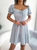 Casual Floral Print High Waist Square Neck Flared Sleeve Midi A Line Dress For Women