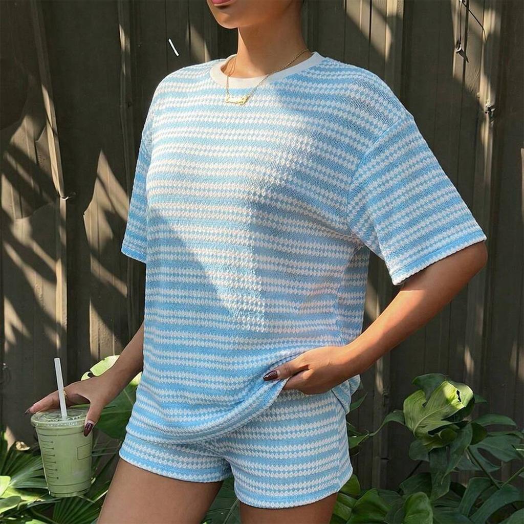 Women's Summer Casual Two Piece Set Short Sleeve Top and Shorts Lightweight Striped Knit Lounge Wear Soft Fabric