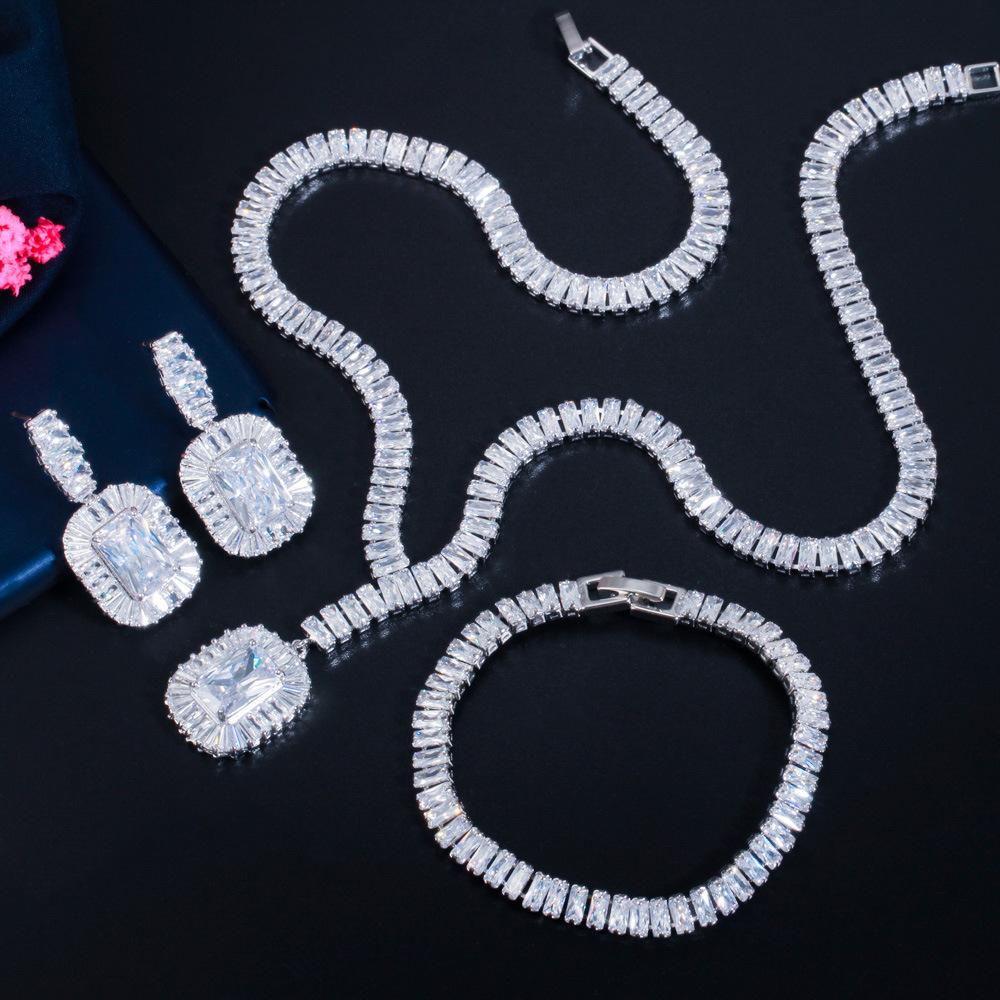 T Square Zircon Necklace Earrings Bracelet Set Bridal Jewelry Dress Accessories Three-Piece Set