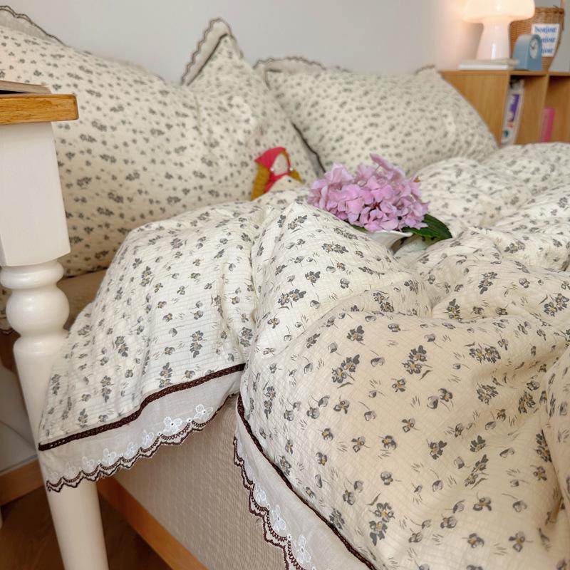 Korean French Style Hollow Lace Puff Cotton Bedding Set, Girly Duvet Cover - Available As 4-Piece or 3-Piece Set