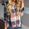 Women's Fashion Casual Spring Autumn Plaid Print Long Sleeve POLO Neck Blouses & Shirts