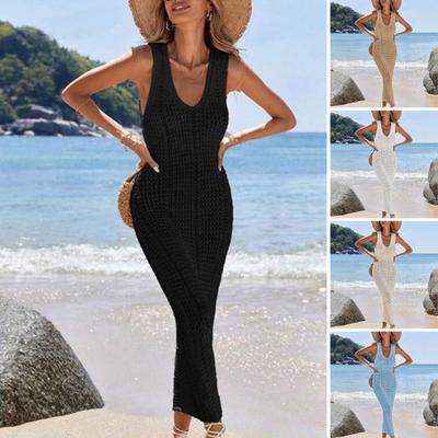 Mulheres Saída de Praia Vestido de Sol Decote V Crochê Vazado Vestido Maxi Tricotado Alças Ajustáveis Proteção Solar Roupa de Praia