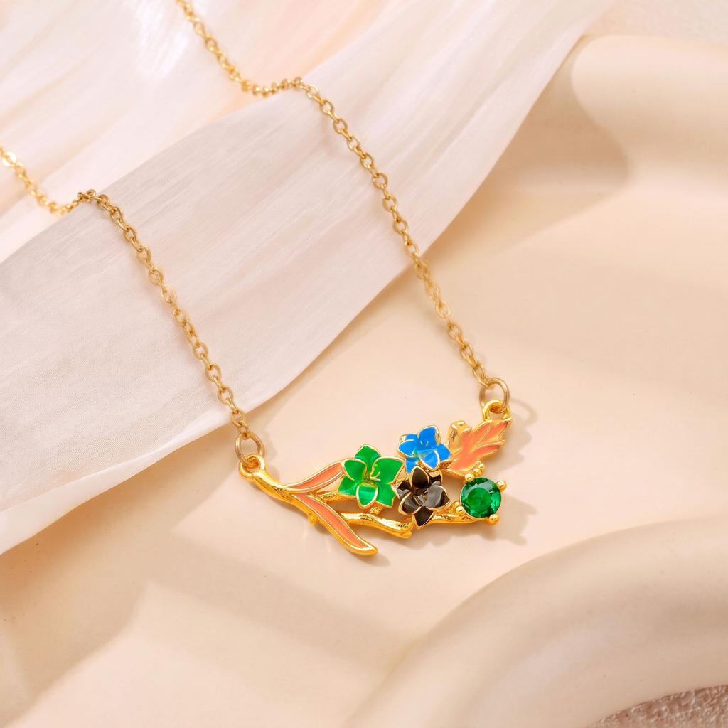 Necklace New Chinese Enamel Flower Branch Necklace Women's Summer Small Fresh Titanium Steel Necklace Fashion ins Clavicle Chain
