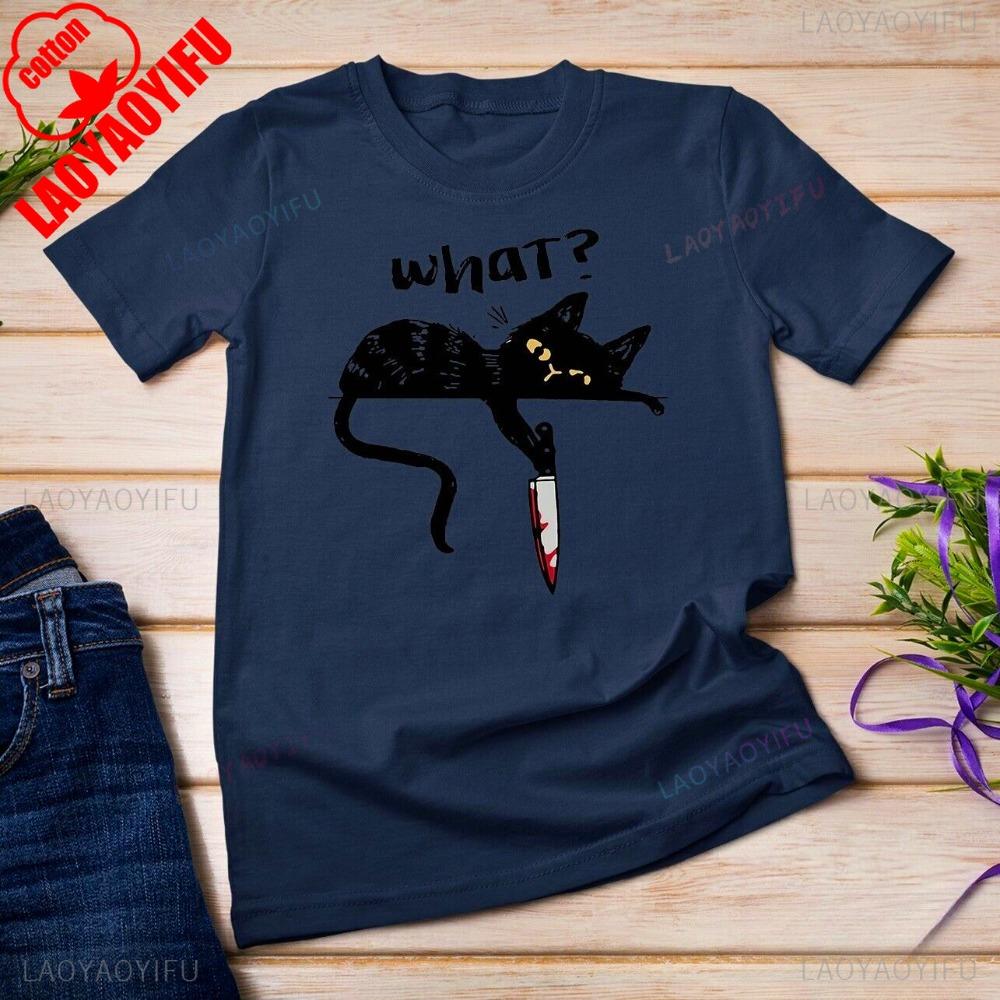 Black Cat with Knife Killer Funny Unisex T-shirt Creative Pattern Print Design T Shirt Men Women Casual Summer Short Sleeve