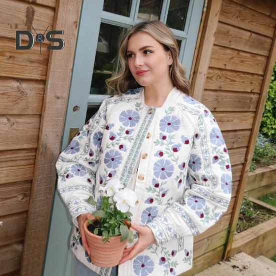 Damen Steppjacke Blumendruck Pufferjacke Langarm Rundhals Button Down Oberbekleidung Mantel mit Gürtel